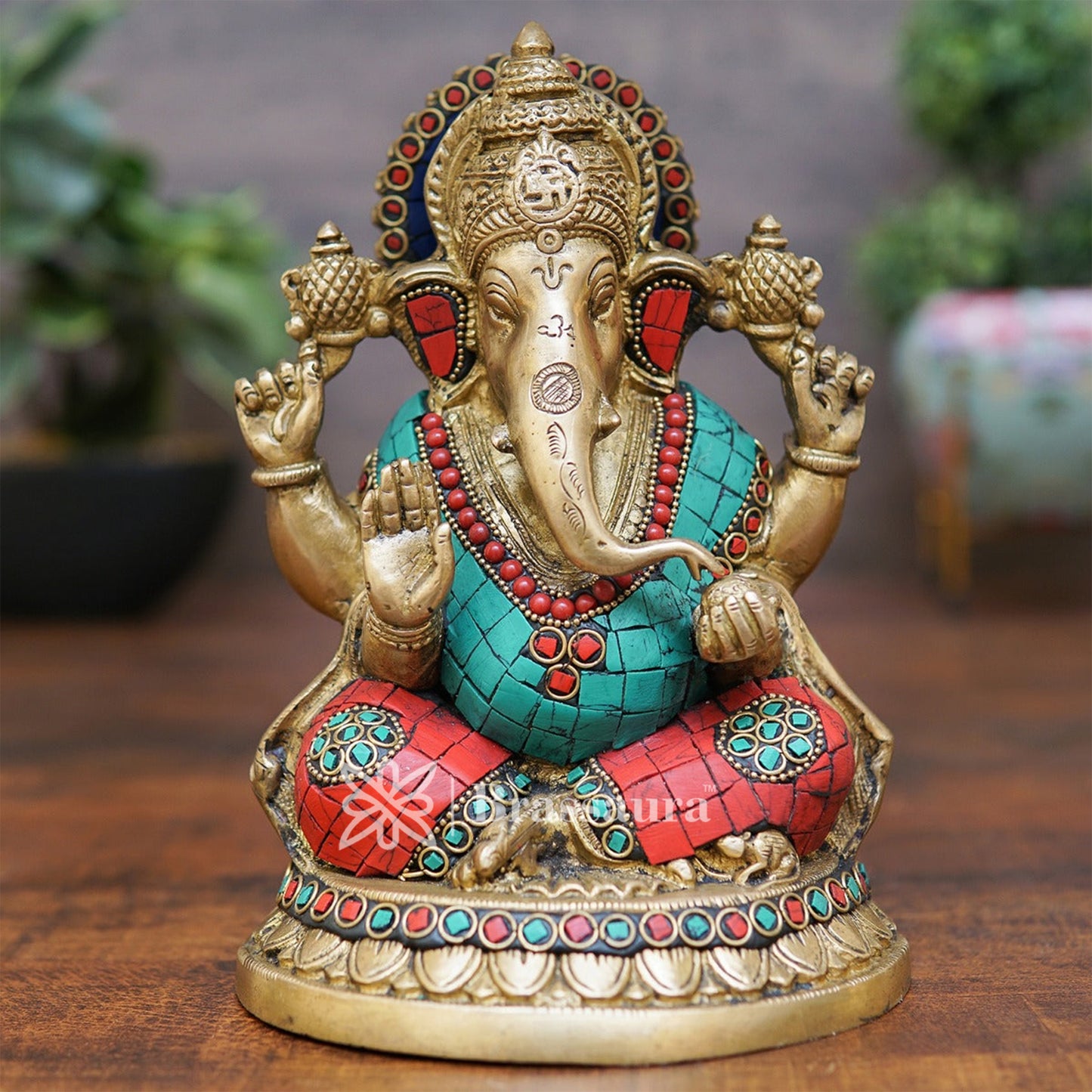 Brassaura™ Brass Gem Stone Work Ganesha Idol for Home and Decor | Weight 3 Kgs | Height 8 Inches