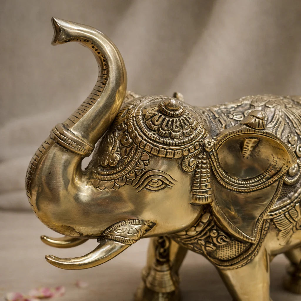 Brassaura® Royal Elephant Standing Statue with Polished Finish | Pure Superfine Brass Handcrafted Murti | Brass Statue for Home Temple, Pooja Room | Height 11.5 Inches | Weight 11.670 Kgs