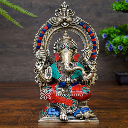 Brassaura™ Brass Gem Stone Work Ganesha Idol for Home and Decor | Weight 4.8 Kgs | Height 12 Inches