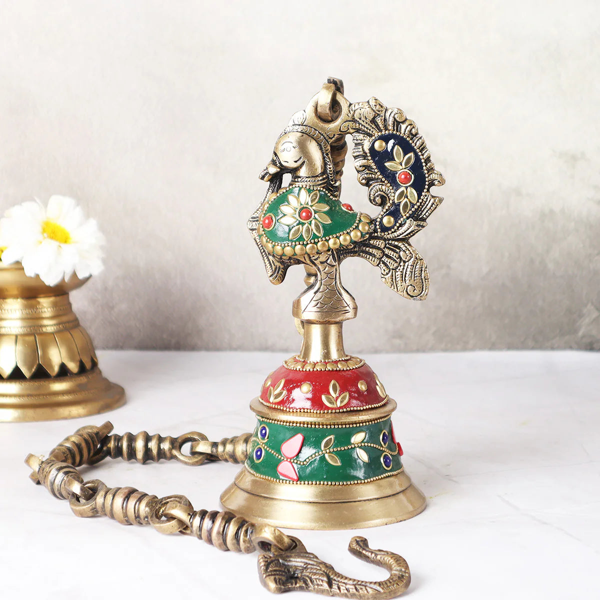 Brassaura® Brass Peacock Inlay Work Bell | Height 31 Inches