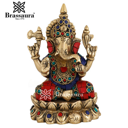 Brass Gem Stone Work Ganesha Statue For Home Decor And Gift Item Weight 1.5 Kg And Height 5 Inch
