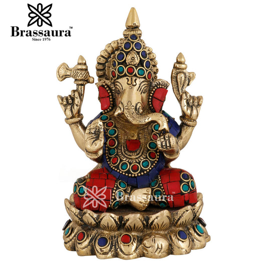 Brass Gem Stone Work Ganesha Statue For Home Decor And Gift Item Weight 1.5 Kg And Height 5 Inch