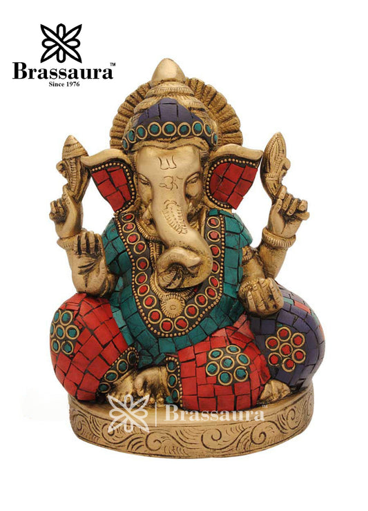 Brass Gem Stone Work Ganesha Statue For Home Decor Weight 2.4 Kg And Height 6 Inch