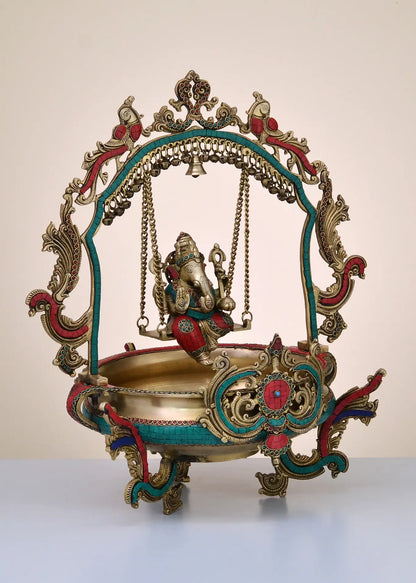 Brassaura™ Brass Ganesh Urli with Jhula & Stone Inlay Work for Grand Entrance Decor | 24 Inches | 14.25 kgs