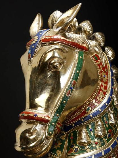 Brassaura® Decorative Brass Horse Head Bust with Stone Work | Pure Brass | Height 21 Inches & Weight 20.95 kgs
