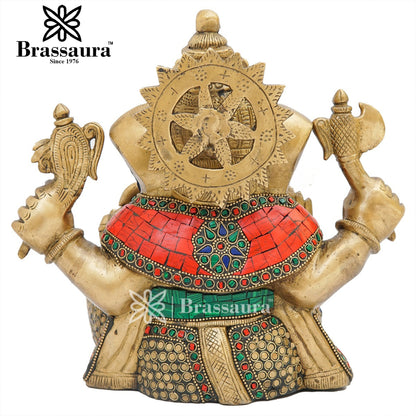 Brassaura™ Brass Gem Stone Work Ganesha Idol for Home and Decor | Weight 6 Kgs | Height 9 Inches