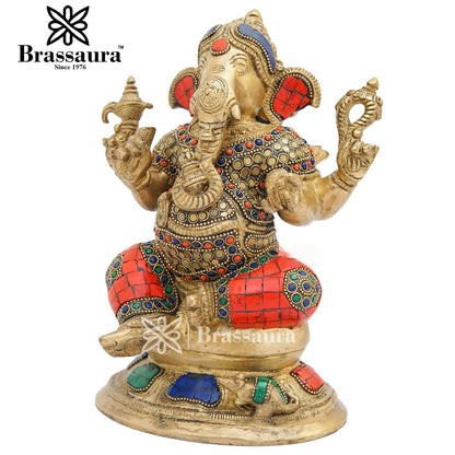 Brassaura™ Brass Gem Stone Work Ganesha Idol for Home and Decor | Weight 2.8 Kgs | Height 9 Inches
