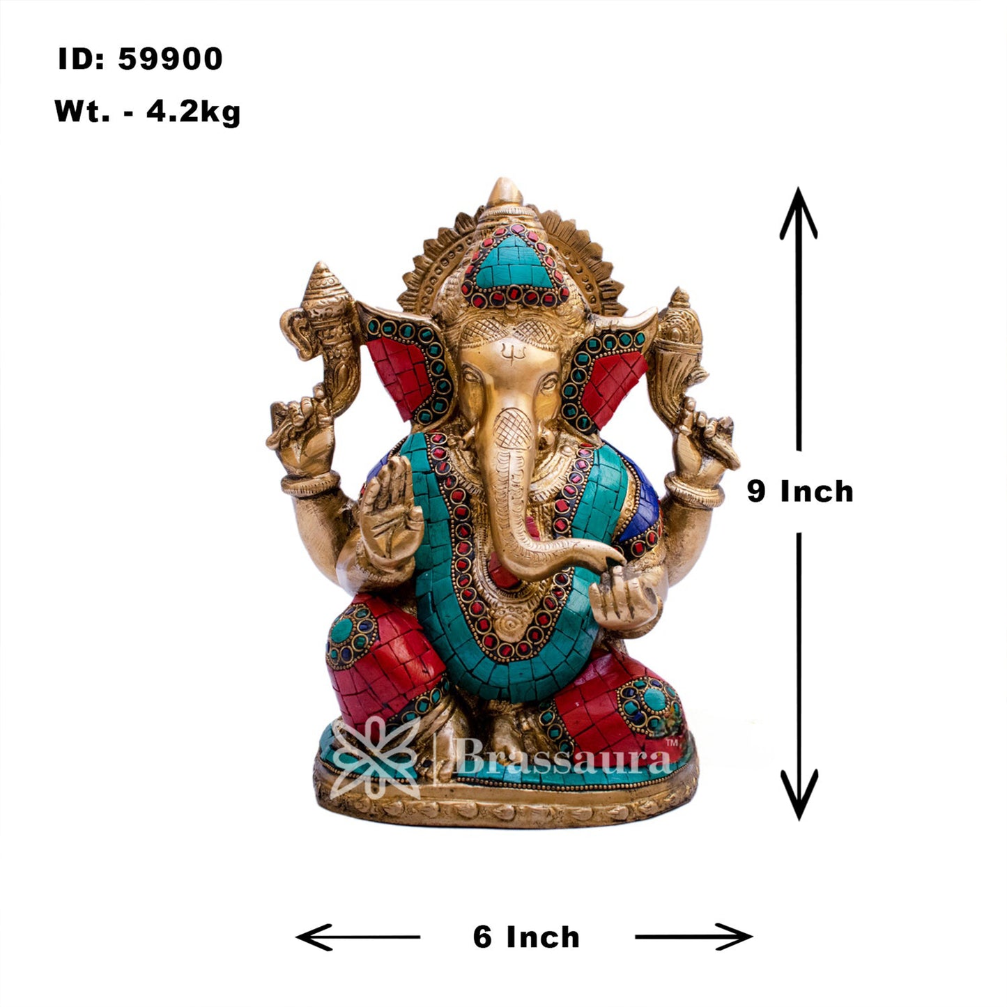 Brassaura™ Brass Gem Stone Work Ganesha Idol for Home and Decor | Weight 4.2 Kgs | Height 10 Inches
