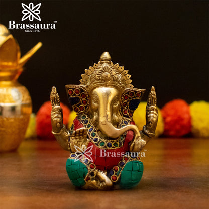 Brassaura™ Brass Ganesha Idol for Home and Decor | Weight 0.8 Kg | Height 4.5 Inches