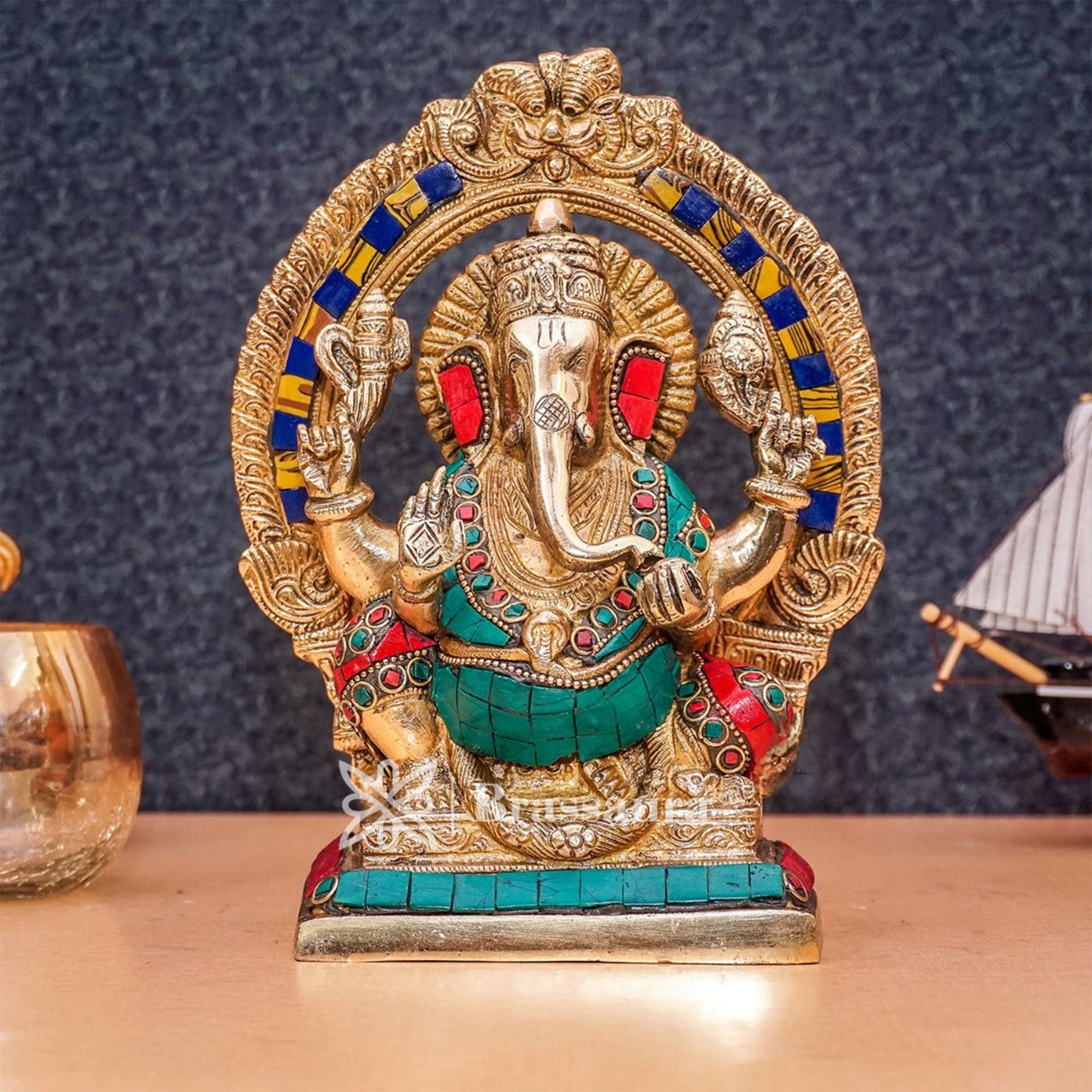 Brassaura™ Brass Gem Stone Work Ganesha Idol for Home and Decor | Weight 2.3 Kgs | Height 8.5 Inches