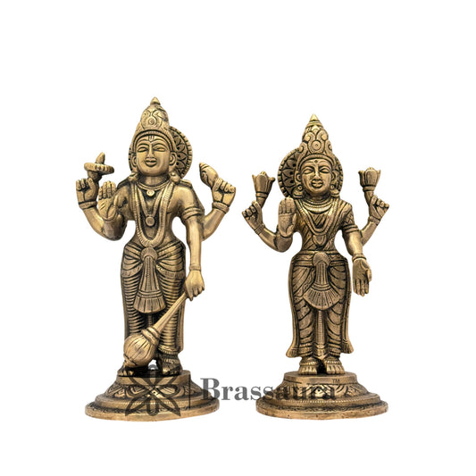 Brassaura™ Brass Black Patina Work Vishnu laxmi Idol for Home and Decor Weight 2.9 Kg Height 23 cm