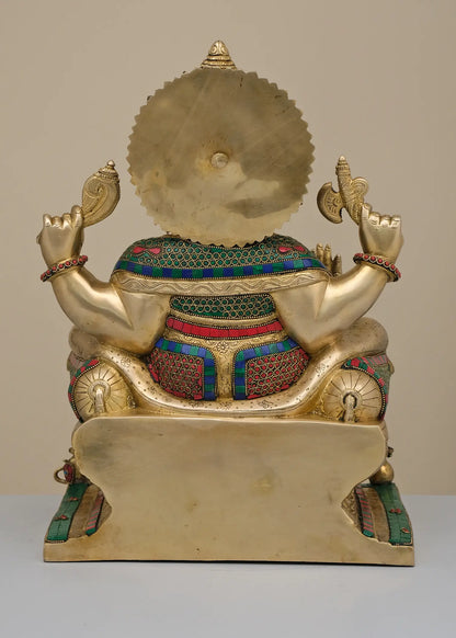 Brassaura™ सिंहासन पर विराजमान राजा गणेश | मीनाकारी जड़ाई के काम के साथ शुद्ध पीतल | ऊँचाई 18 इंच और वज़न 17.78 किलोग्राम
