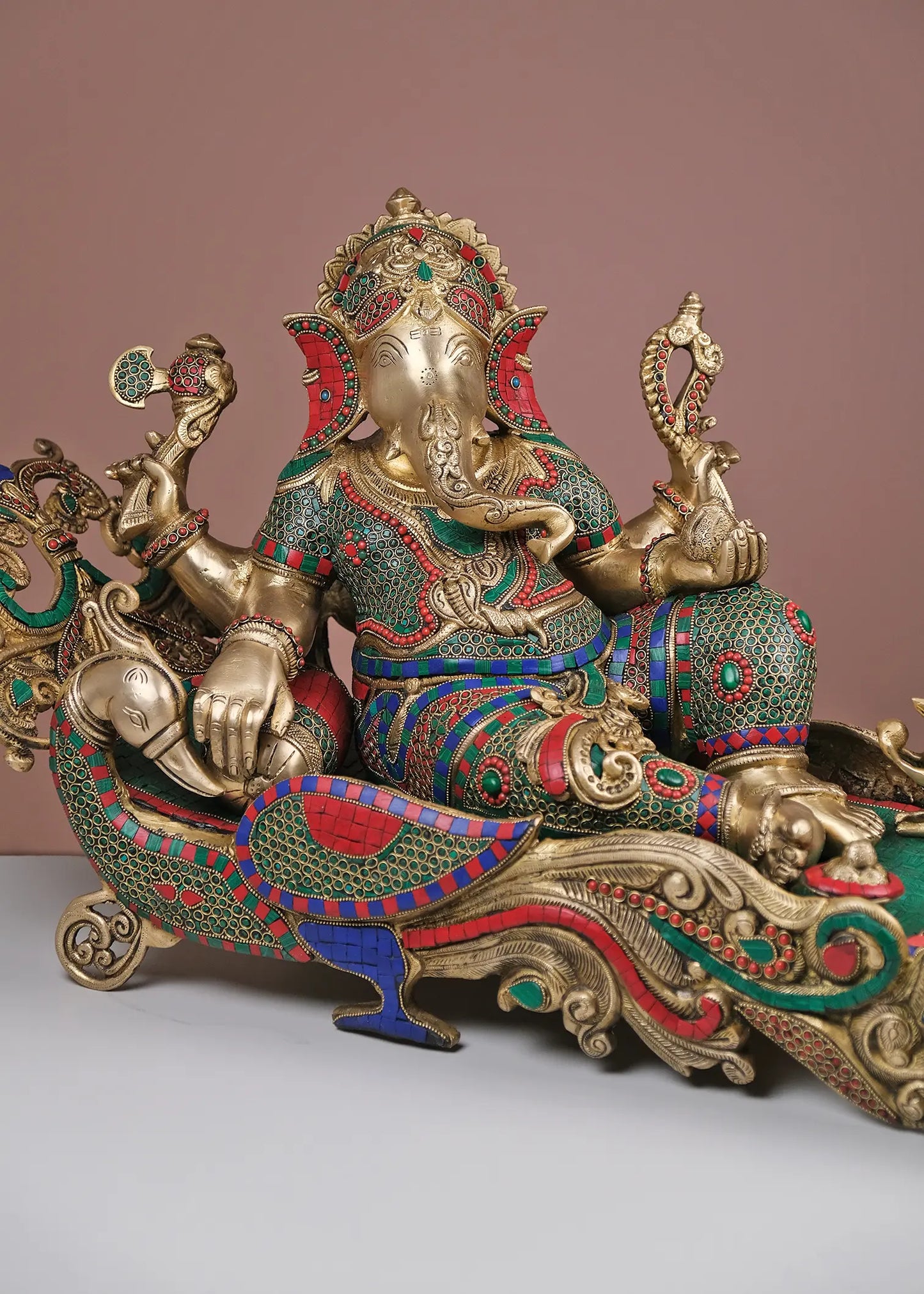 Brassaura™ Reclining Lord Ganesha Idol | Pure Brass with Meenakari Inlay Work | Height 17 Inches & Weight 13.35 Kgs