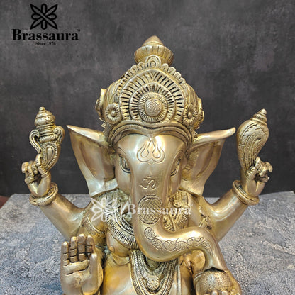 Brassaura™ Brass Ganesha Idol for Home and Decor | Weight 9 Kgs | Height 12 Inches