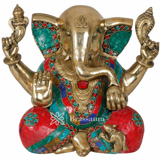 Brass Gem Stone Work Ganesha Statue For Home Decor And Gift Item Weight 8.5 Kg And Height 9 Inch