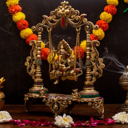 Brassaura™ Brass Gem Stone Work Ganesha Jhula Idol for Home and Decor | Weight 7.6 Kgs | Height 18.5 Inches