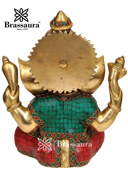 Brass Gem Stone Work Ganesha Statue For Home Decor And Gift Item Weight 10 Kg And Height 12.2 Inch