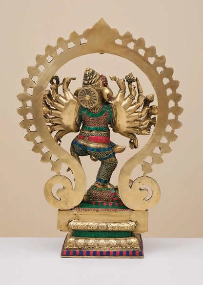 Brassaura™ Dancing Lord Ganesha with Prabhavali | Pure Brass with Meenakari Inlay Work | Height 26 Inches & Weight 22.24 Kgs
