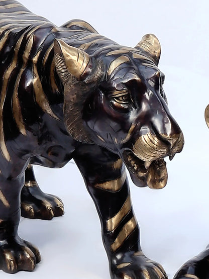 Brassaura® Pair of Tiger Brass Sculptures | Handcrafted Decorative Statues | Height 28 Inches & Weight 155.90 kgs