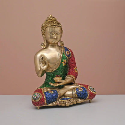 Brassaura® Brass Lord Buddha Statue with Stonework | Height 20 Inches