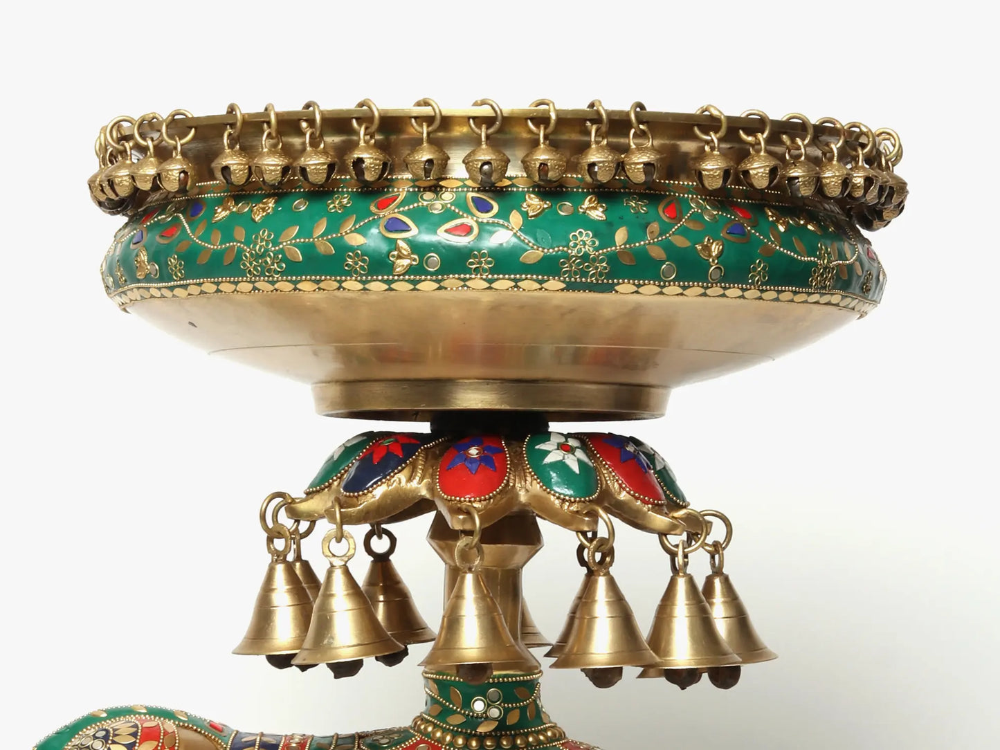 Brassaura® Royal Elephant Brass Urli with Inlay Work & Hanging Bells | Pure Brass | Height 20.7 Inches & Weight 18.35 kgs