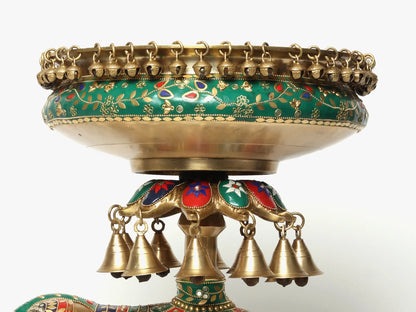 Brassaura® Royal Elephant Brass Urli with Inlay Work & Hanging Bells | Pure Brass | Height 20.7 Inches & Weight 18.35 kgs