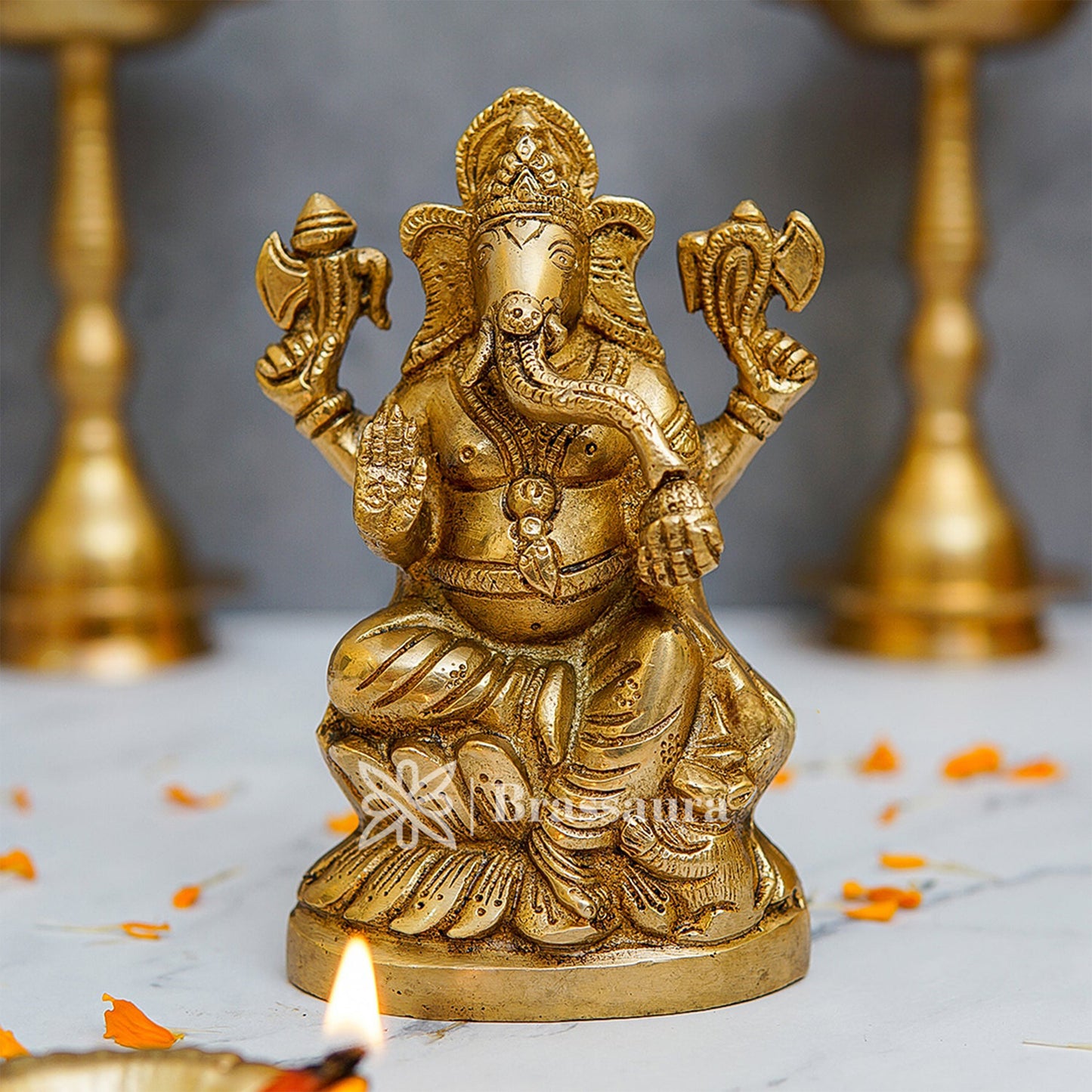 Brassaura™ Brass Ganesha Idol for Home and Decor | Weight 1.1 Kgs | Height 5.8 Inches