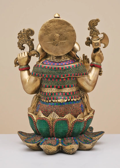 Brassaura™ Lord Ganesha Seated on Lotus | Pure Brass with Meenakari Inlay Work | Height 24 Inches & Weight 32.44 Kgs