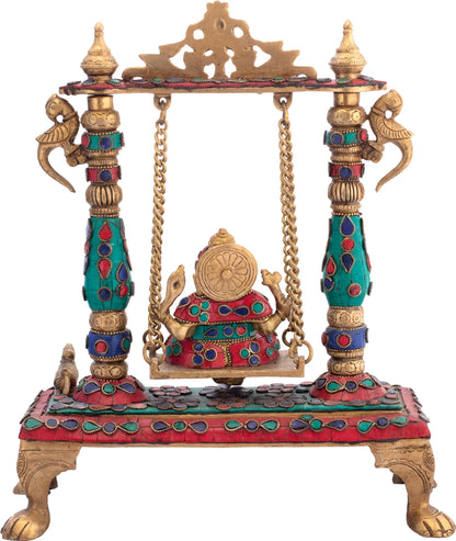 Brassaura® Lord Ganesha on Ornate Swing | Brass with Intricate Inlay Stonework | Height 13 Inches & Weight 4.50 kgs