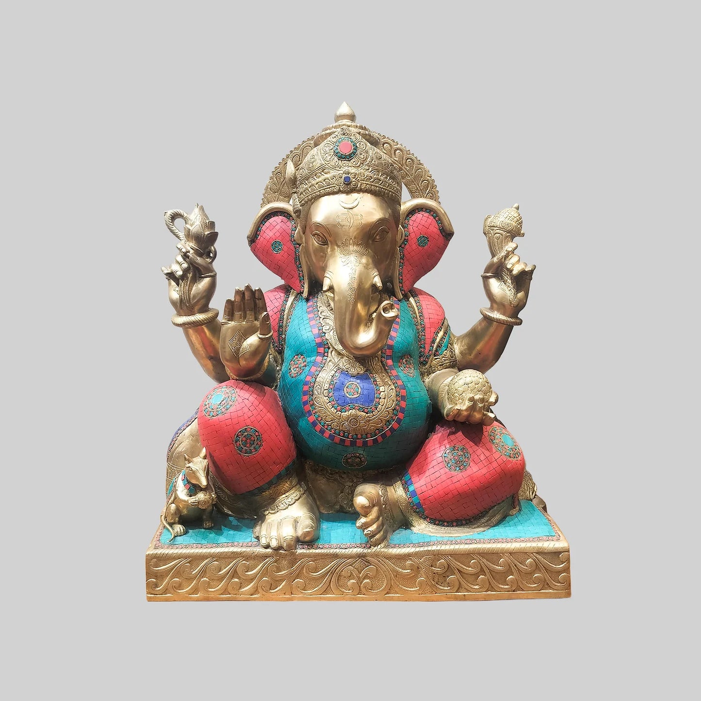 Brassaura® Majestic Ganesha with Stonework | Premium Brass Sculpture | Height 32 Inches & Weight 90 Kgs