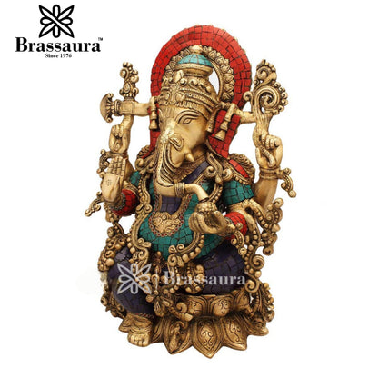 Brassaura™ Brass Gem Stone Work Jewellery Ganesha Idol for Home and Decor | Weight 13.5 Kgs | Height 16 Inches