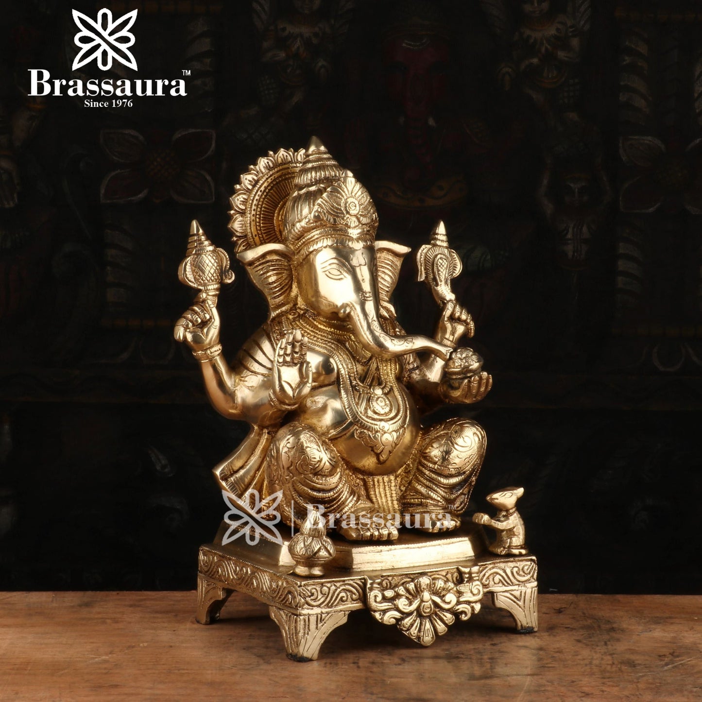 Brassaura™ Brass Chowki Ganesha Idol for Home and Decor | Weight 5.6 Kgs | Height 11 Inches