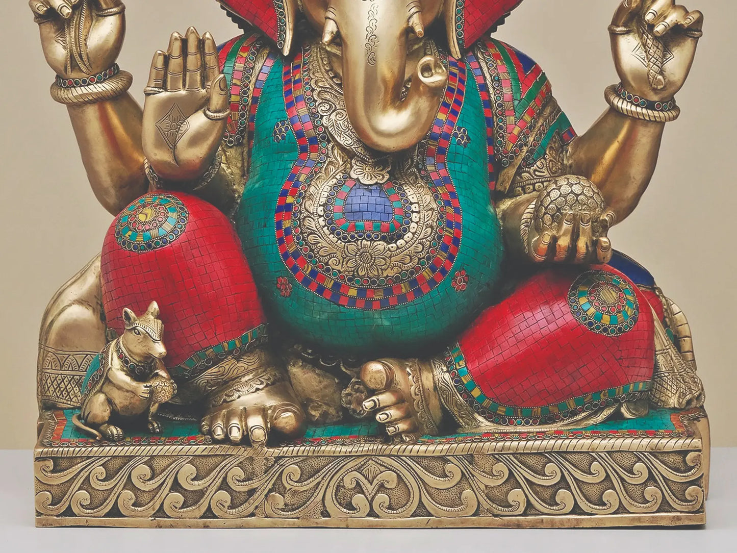 Brassaura™ Large Lord Ganesha Idol | Pure Brass with Meenakari Inlay Work | Height 33 Inches & Weight 82.57 Kgs