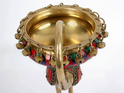 ब्रासौर® फ्लेमिंगो ब्रास उर्ली, मल्टीकलर इनले वर्क और हैंगिंग बेल्स के साथ | शुद्ध पीतल | ऊंचाई 17 इंच और वज़न 2.91 किलोग्राम