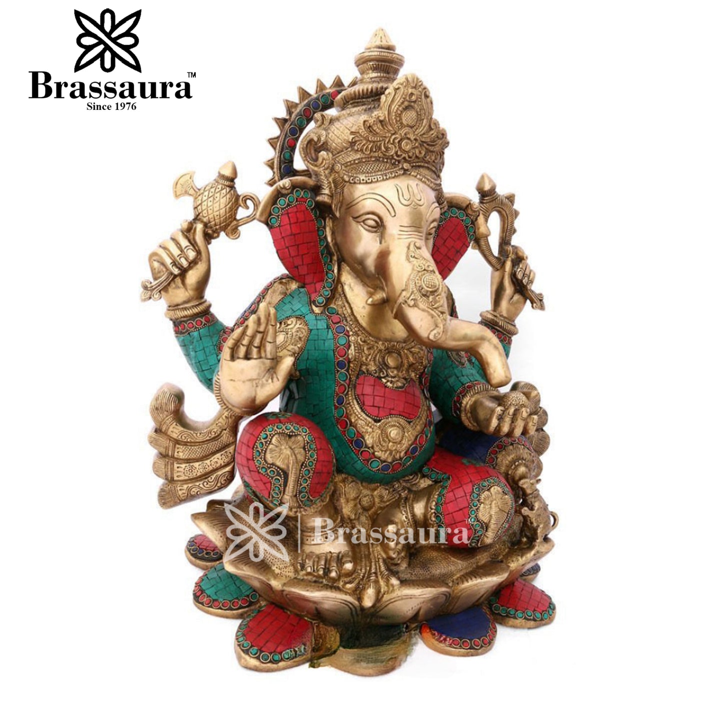 Brass Gem Stone Work Lotus Ganesha Statue For Home Decor And Gift Item Weight 29 Kg And Height 21 Inch
