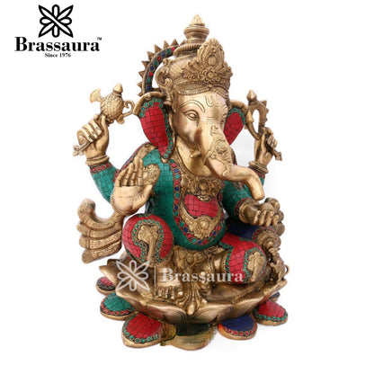 Brass Gem Stone Work Lotus Ganesha Statue For Home Decor And Gift Item Weight 29 Kg And Height 21 Inch