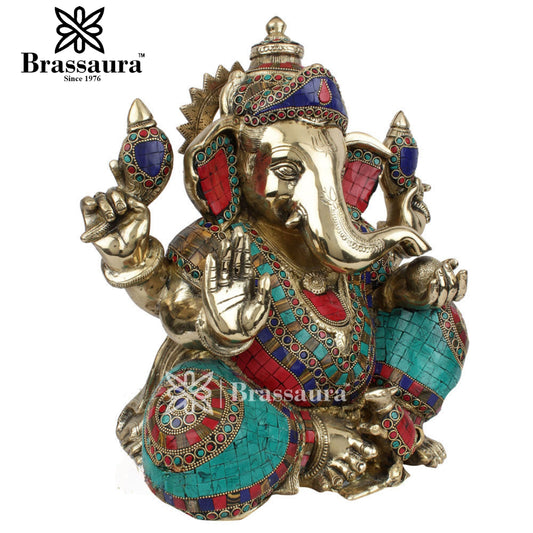 Brassaura™ Brass Gem Stone Work Ganesha Idol for Home Décor | Weight 12.9 Kgs | Height 13 Inches