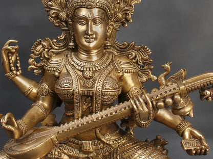 Brassaura® Brass Goddess Saraswati Statue | Height 25 Inches & Weight 29.75 kg