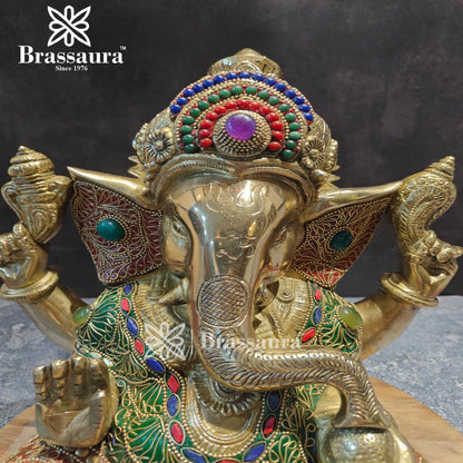 Brassaura™ Brass Gem Stone Work Ganesha Idol for Home and Decor | Weight 9 Kgs | Height 12 Inches