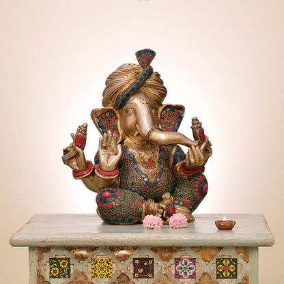 ब्रस्सौरा™ पगड़ी भगवान गणेश की मूर्ति | मीनाकारी जड़ाई के काम के साथ शुद्ध पीतल | ऊंचाई 17 इंच और वजन 18.5 किग्रा