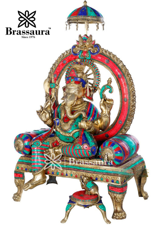 Brassaura™ ब्रास जेम स्टोन वर्क गणेश आइडल घर की सजावट के लिए | वज़न 90 किलोग्राम | ऊंचाई 47 इंच