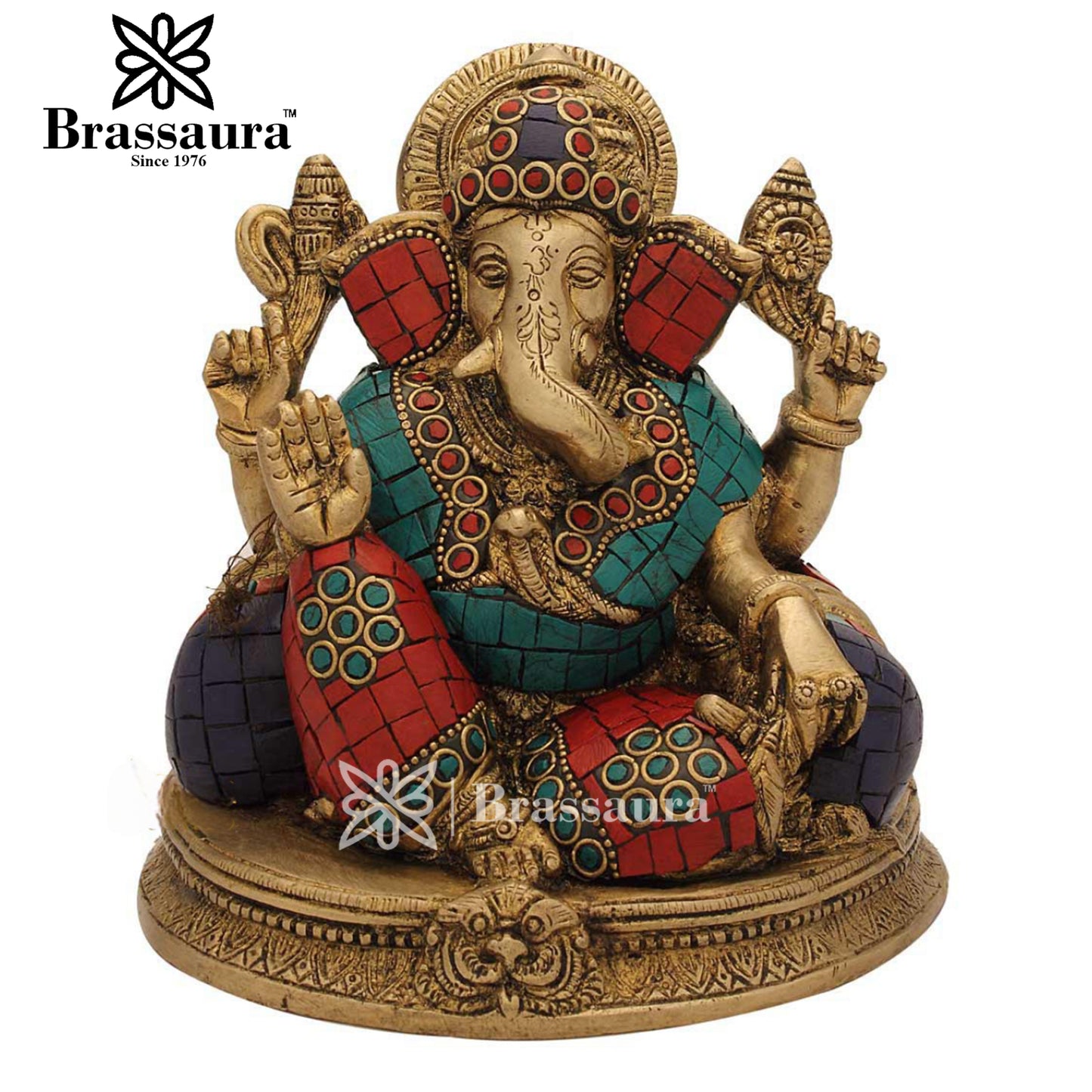 Brass Gem Stone Work Ganesha Statue For Home Decor Weight 2.5 Kg And Height 6 Inch