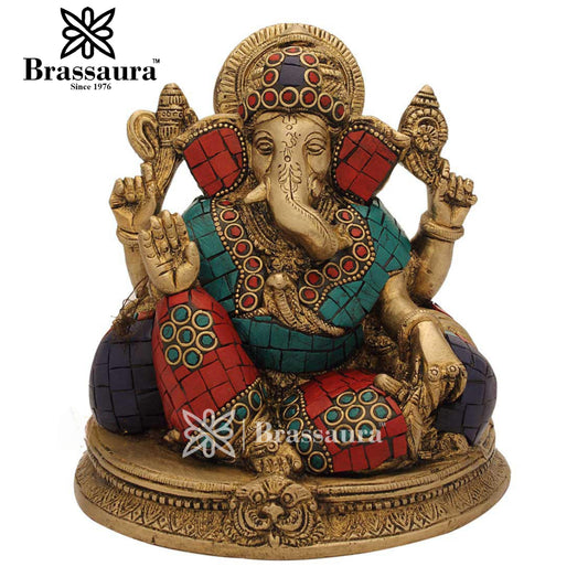 Brass Gem Stone Work Ganesha Statue For Home Decor Weight 2.5 Kg And Height 6 Inch