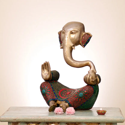 Brassaura™ Stylish Lord Ganesha Idol | Pure Brass with Meenakari Inlay Work | Height 18 Inches & Weight 11 Kgs