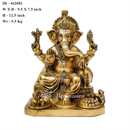 Brassaura™ Brass Ganesha Idol for Home and Decor | Weight 9.5 Kgs | Height 12.5 Inches