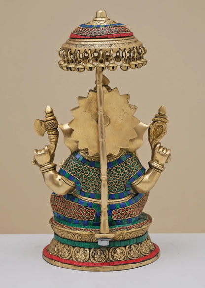 Brassaura™ King Lord Ganesha with Royal Umbrella | Pure Brass with Meenakari Inlay Work | Height 16 Inches & Weight 10.10 Kgs