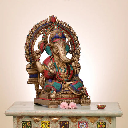 Brassaura™ Seated Lord Ganesha with Prabhavali | Pure Brass with Meenakari Inlay Work | Height 19 Inches & Weight 20 Kgs