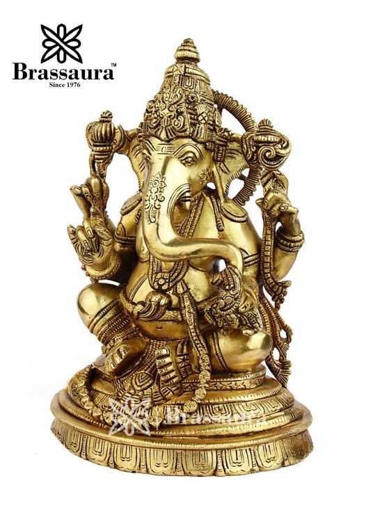 Brassaura™ Brass Ganesha Idol for Home Temple & Pooja Décor | Height 10 Inches & Weight 4.5 Kgs