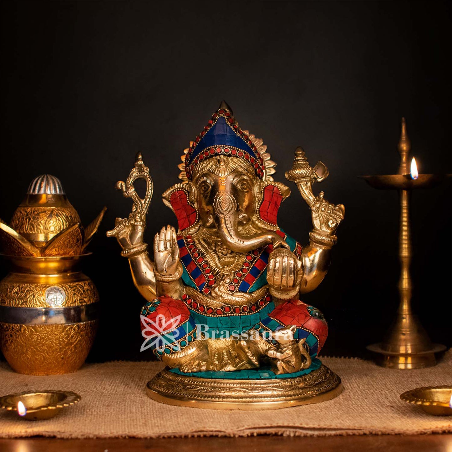 Brass Gem Stone Work Ganesha Statue For Home Decor And Gift Item Weight 6.8 Kg And Height 12 Inches