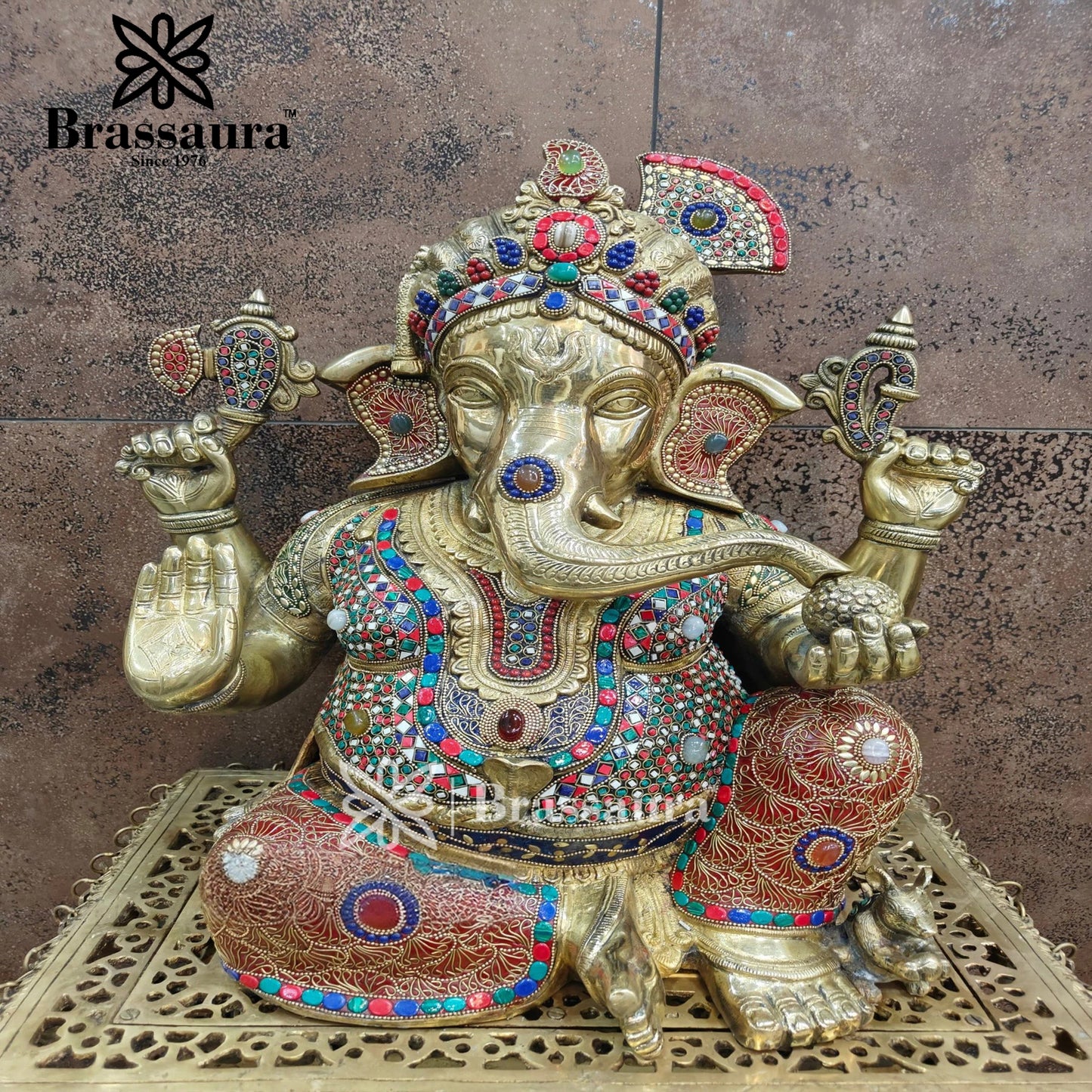 Brassaura™ Brass Gem Stone Work Ganesha Statue for Home and Decor | Weight 27 Kgs | Height 20 Inches